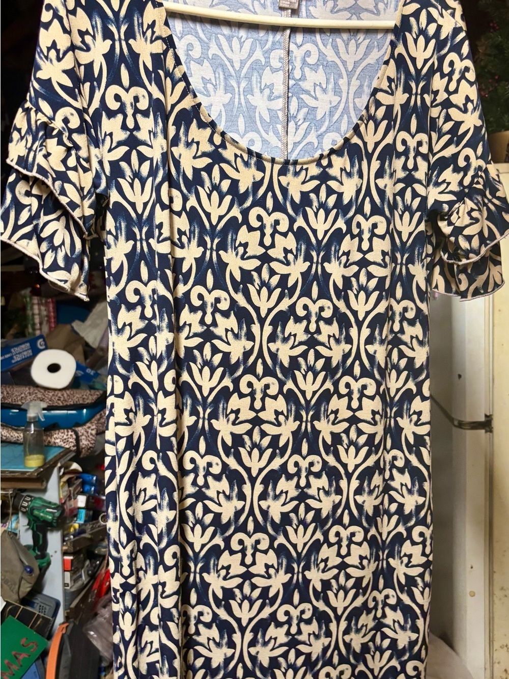 Love 21 Navy and Cream Floral-Pattern Midi Dress with Ruffle Sleeves